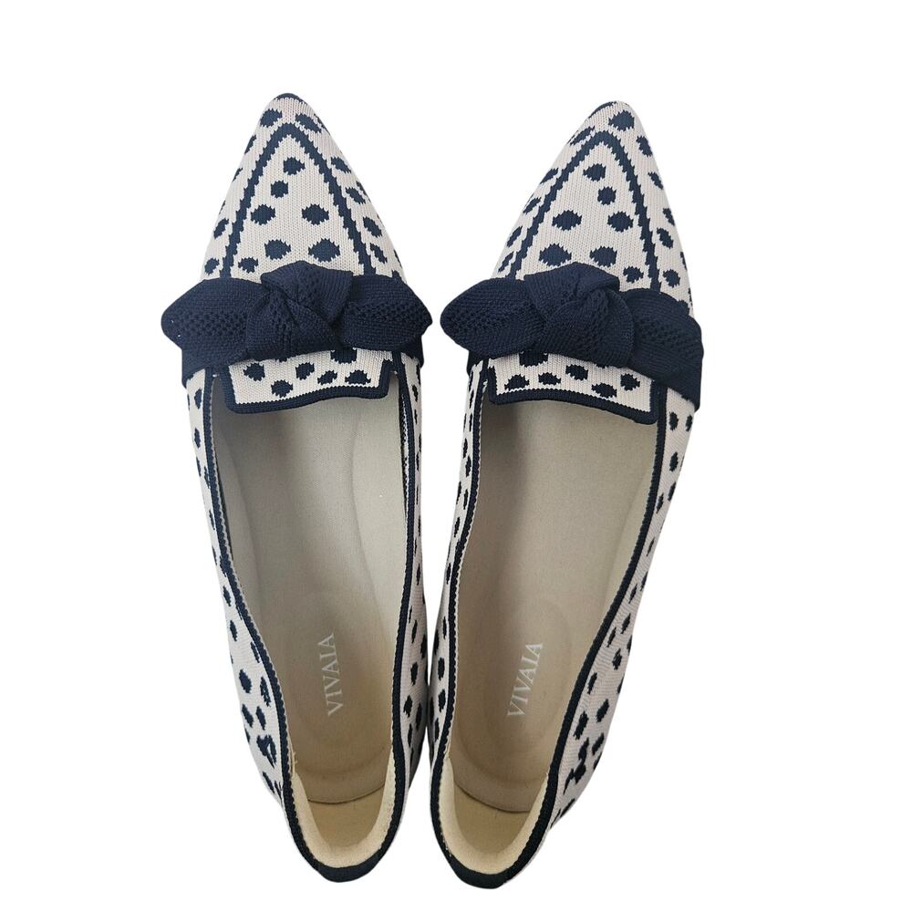 Vivaia Pointed Toe Bow Loafers Michelle 2.0 Navy Cream Polka Dot Sz 40